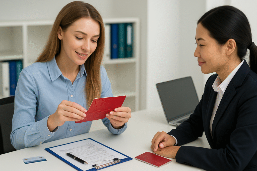Visa consultant reviewing a client’s passport and application in an office