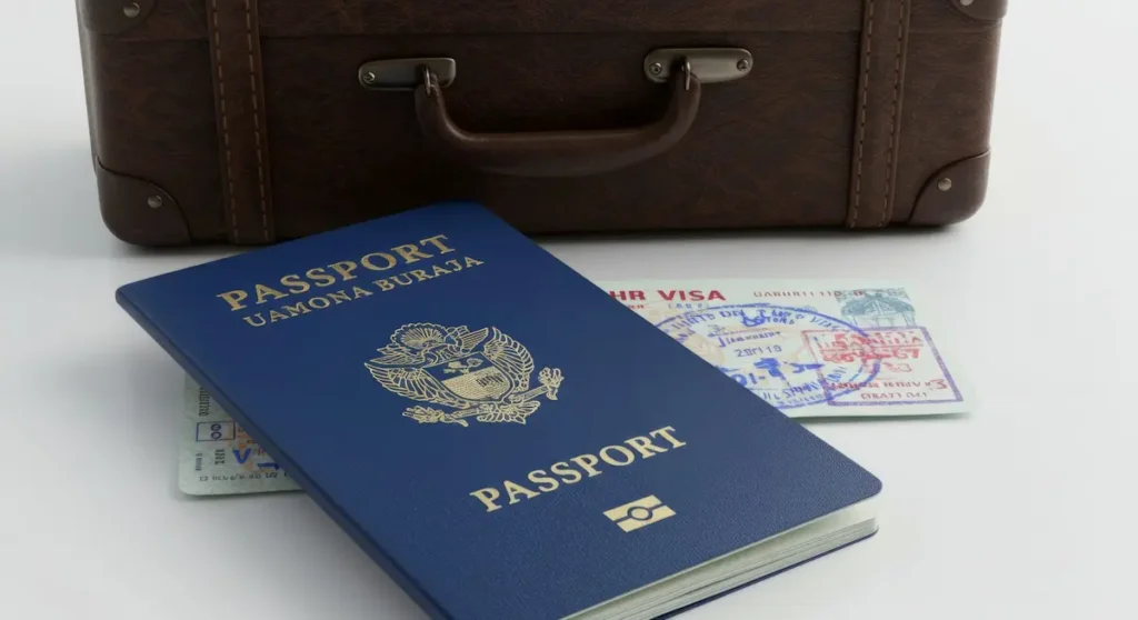 Close-up of a passport and Thailand visa next to a business suitcase