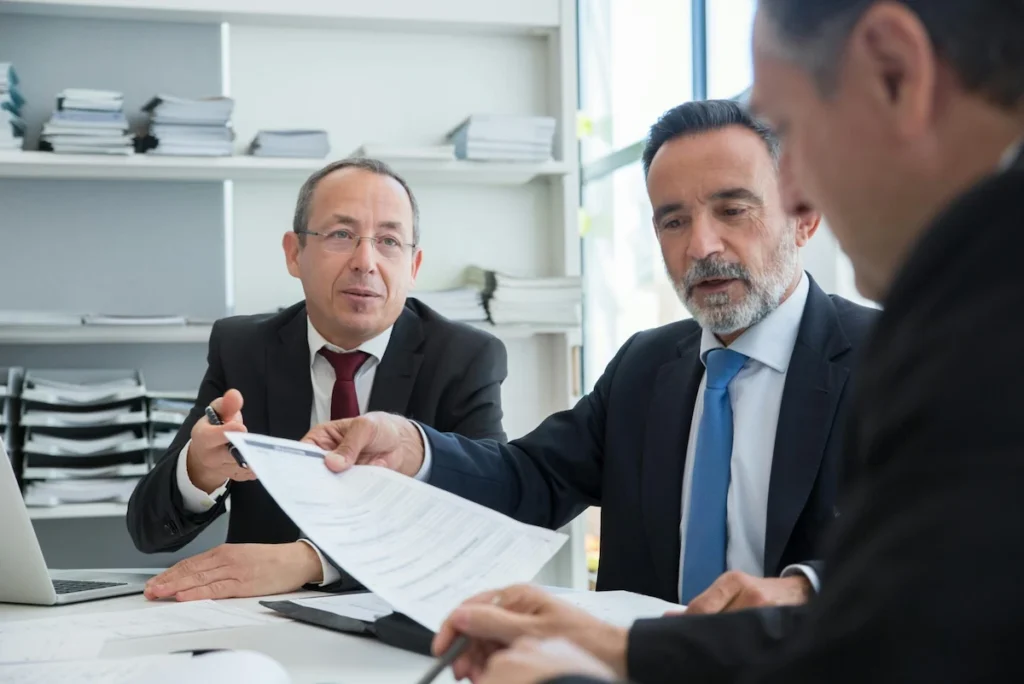Team of foreign executives reviewing BOI company documents and investment options in Thailand