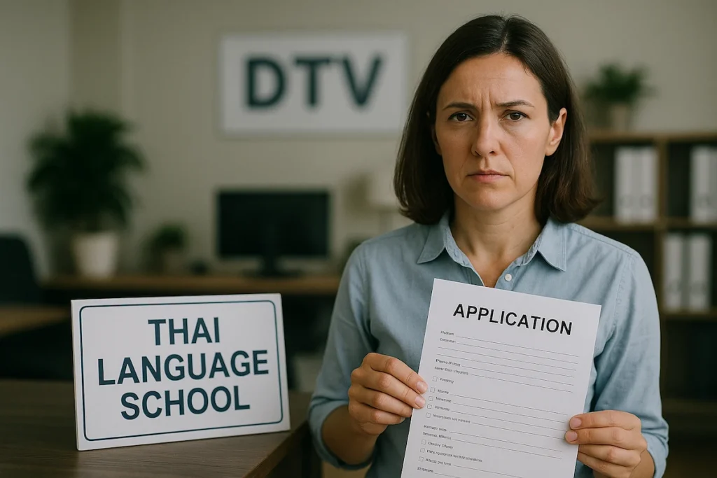 Concerned student holding a DTV visa application form at a Thai language school