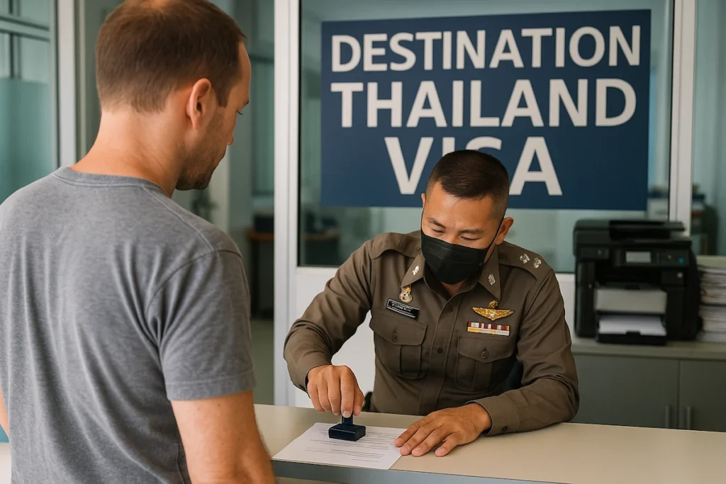 Immigration officer stamping a Destination Thailand Visa application at the counter
