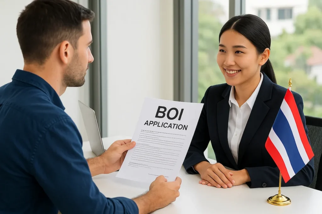 Foreign investor reviewing Thailand BOI application with Thai consultant to avoid refusal