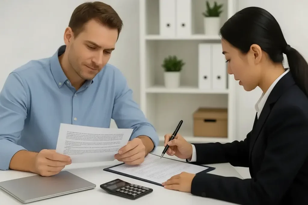 Thai BOI consultant checking application documents and financial details to ensure compliance