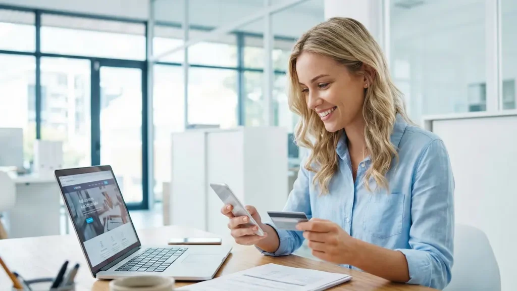 Foreign resident managing a Thai bank account online with smartphone and credit card