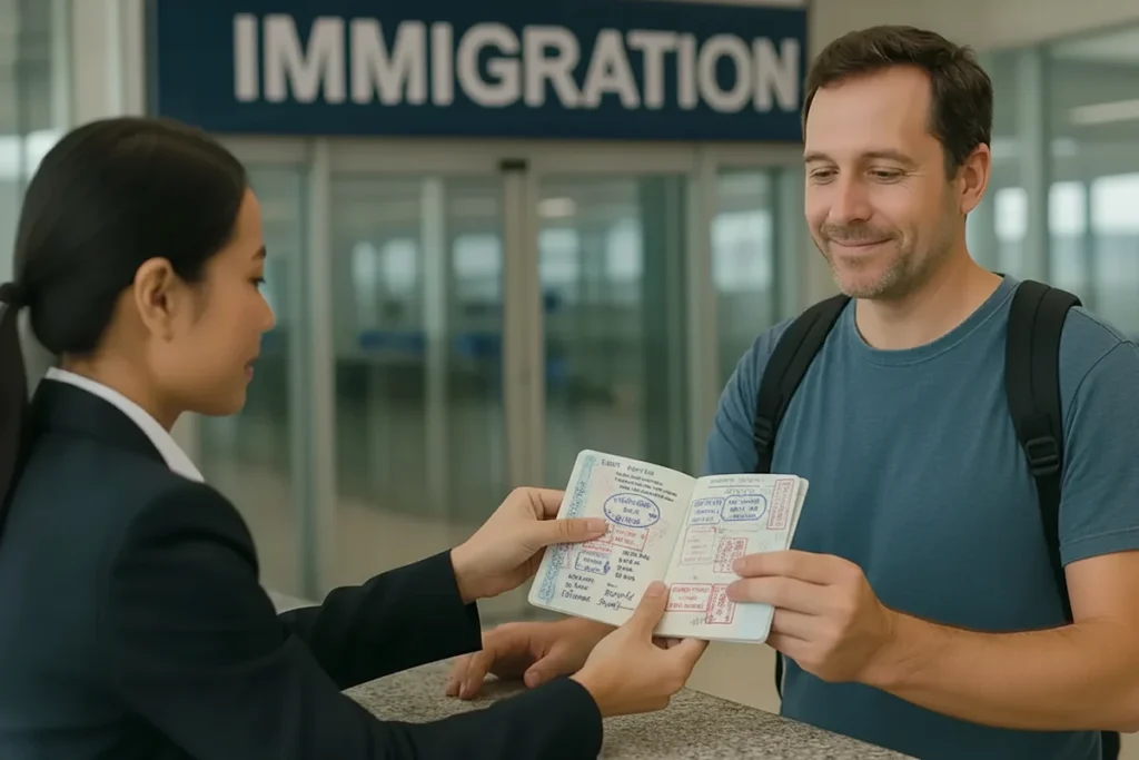 Traveler showing a passport with multiple stamps to an immigration officer at a Thailand border checkpoint.