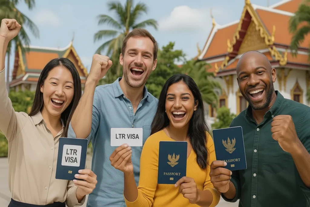 Happy international professionals celebrating with LTR visas and passports in front of a Thai temple