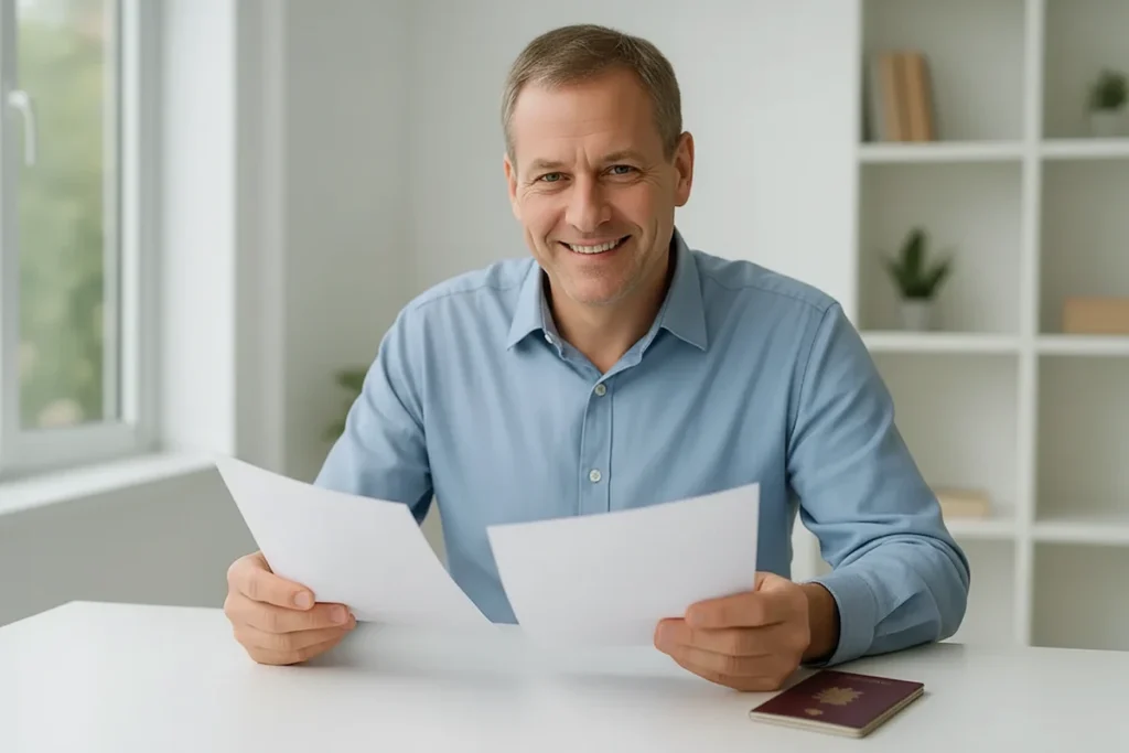 Happy retiree reviewing approved documents for his Thailand retirement visa