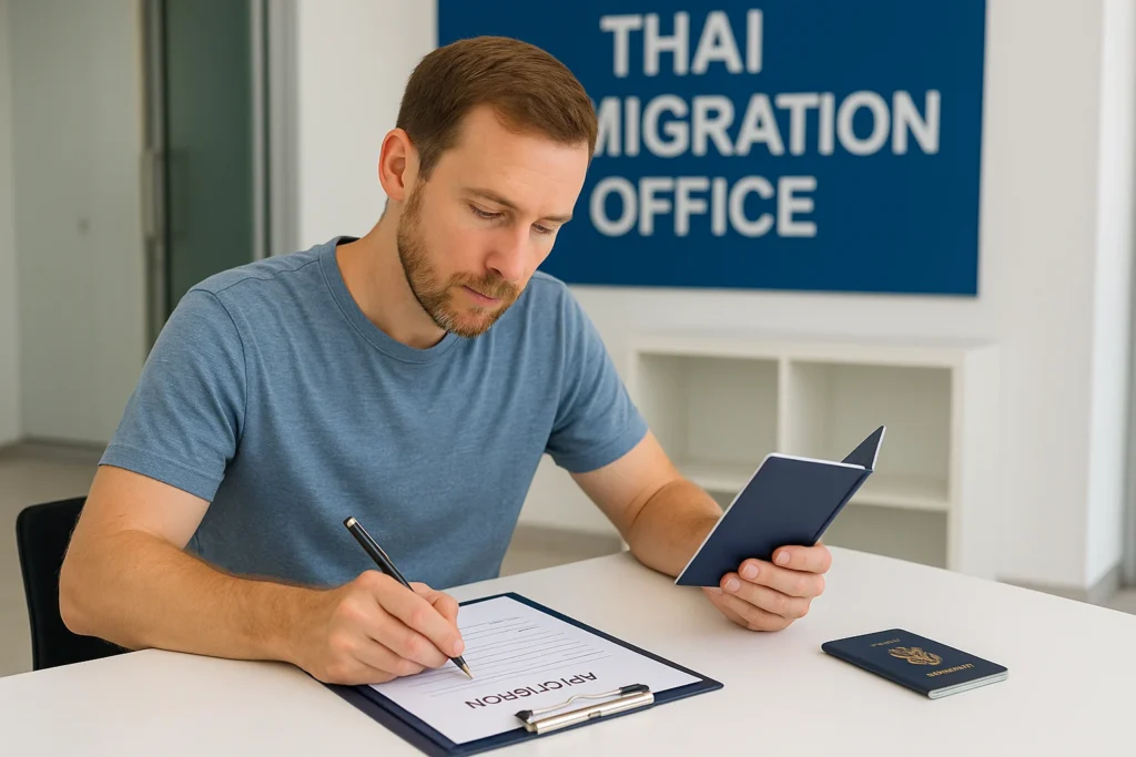 Traveler completing a Thailand visa extension application form at the immigration office