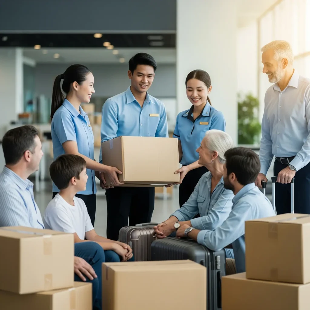 Relocation team assisting an international family with moving and shipping arrangements