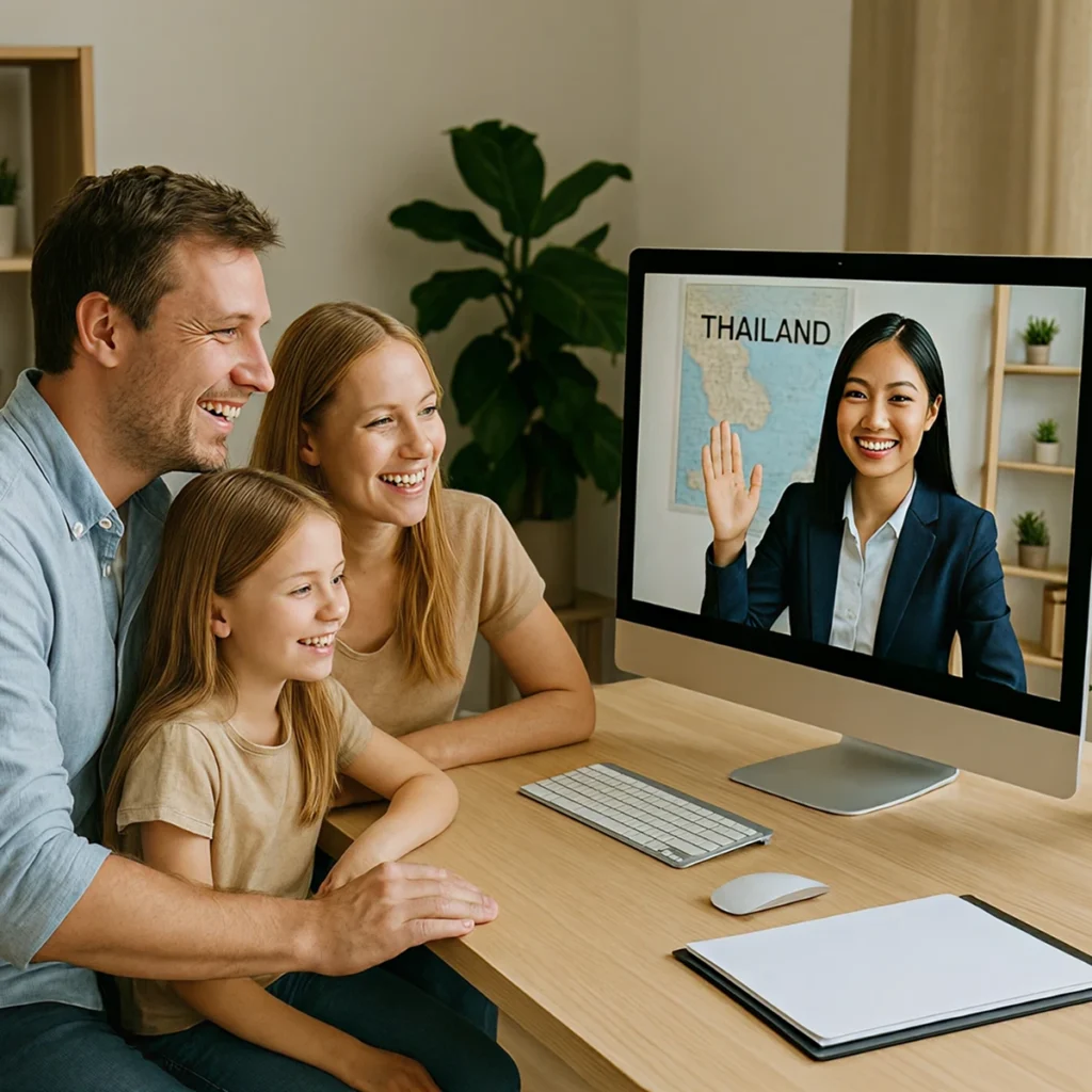 Family attending an online relocation consultation about moving to Thailand