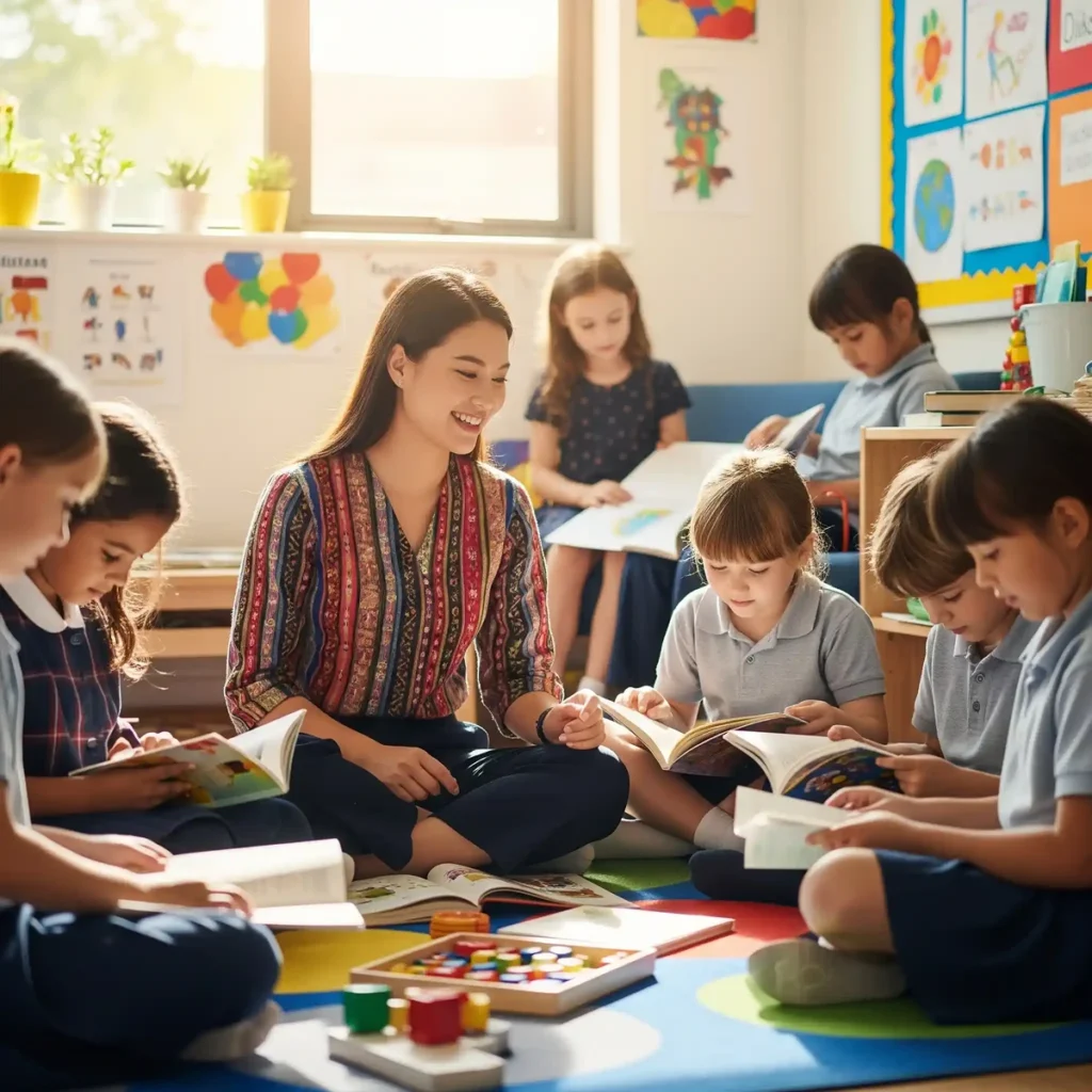 Children reading together with a teacher in an international school classroom in Thailand