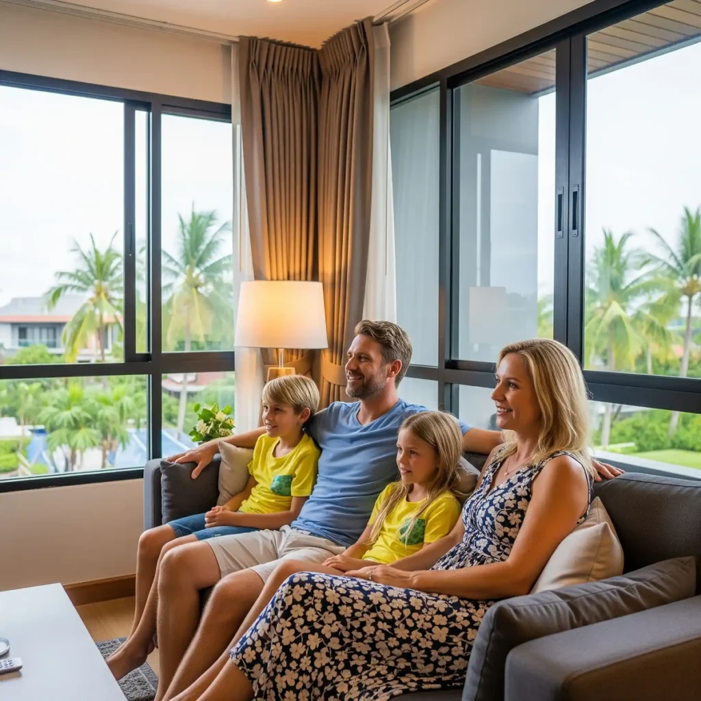 Expat family relaxing in a fully furnished temporary apartment in Thailand