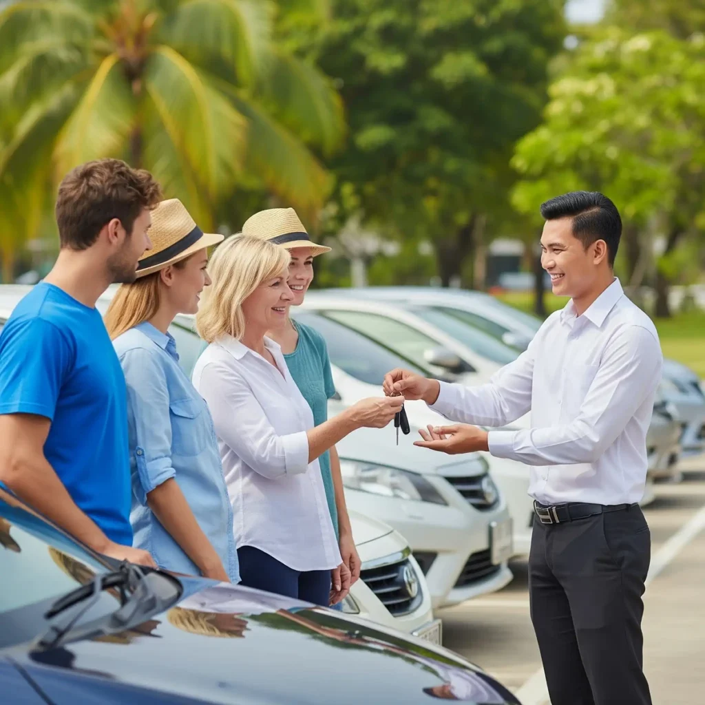 Family receiving car keys from a relocation consultant in Thailand as part of daily life setup support
