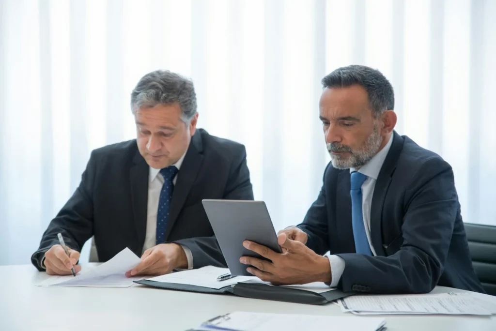 Senior executives reviewing company structure documents and data on a tablet at the meeting table