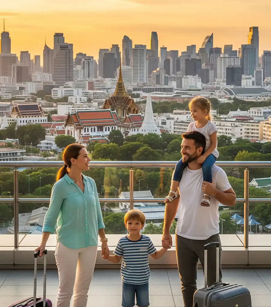 A happy expat family with suitcases looking at the Bangkok city skyline during sunset representing seamless relocation services in Thailand